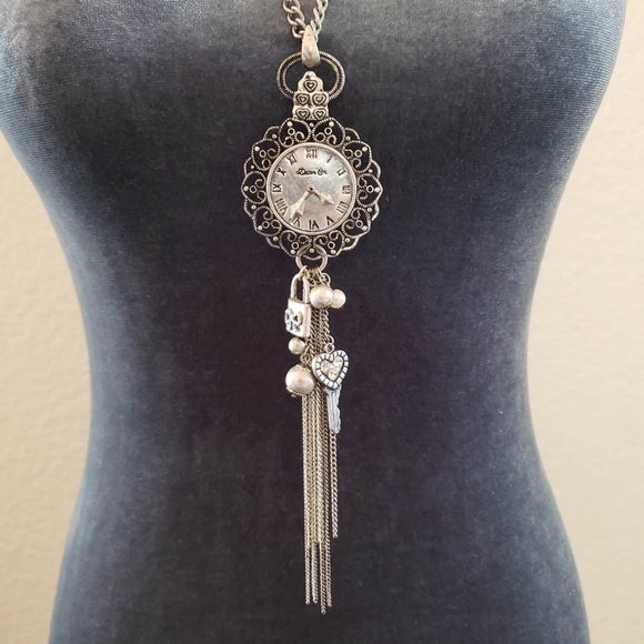 Dream On Jewelry - Silver Clock Face Necklace w/Pearls/Baubles, Lock & Key Charms & Waterfall Chain